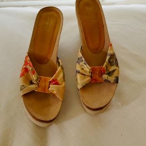 Size 8 Donald Pliner suede, cork wedge with multi  color cloth upper. Never worn